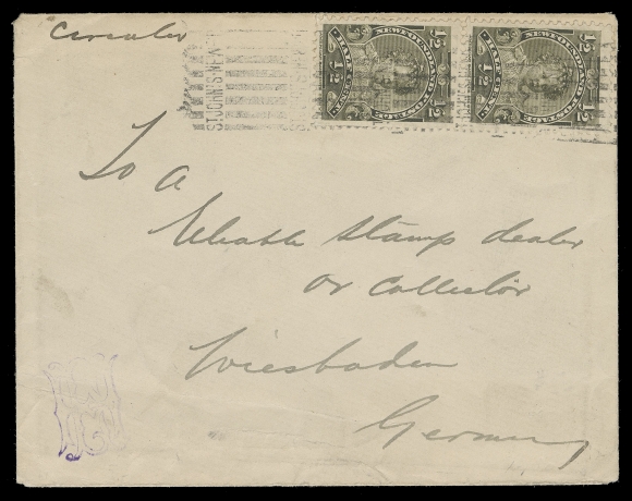 THE AFAB COLLECTION - NEWFOUNDLAND 1897-1947 ISSUES Undated envelope (with unsealed backflap) endorsed "circular" and bearing a vertical pair of ½c Royal Family tied by clear St. John