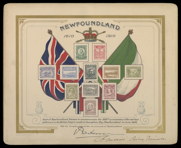 THE AFAB COLLECTION - NEWFOUNDLAND 1897-1947 ISSUES  87-97,Complete set affixed to Dignitary Presentation Card 297 x 243mm, multi-coloured Flags and gold framing, inscribed "Compliments of the Government of Newfoundland" signed by Colonial Secretary and Prime Minister, in excellent condition with fresh colours, VF and scarce (Walsh DPC2a)
