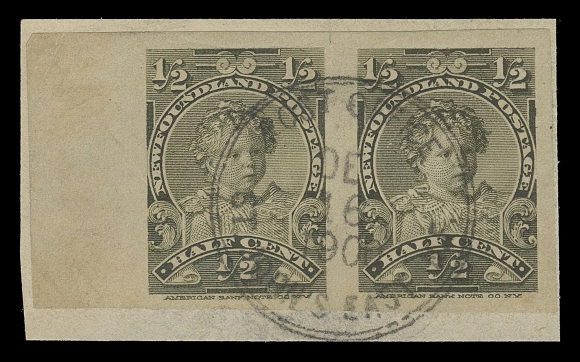 THE AFAB COLLECTION - NEWFOUNDLAND 1897-1947 ISSUES  78a,A very large margined imperforate pair with sheet margin at left, tied to piece by double ring Post Office / St. John