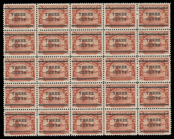 THE AFAB COLLECTION - NEWFOUNDLAND 1897-1947 ISSUES  130, 130a, 130iii,A post office fresh, well centered mint pane (no outer selvedge as issued) showing constant Raised "E" variety (Pos. 24) and late stage of the surcharging with lower bar nearly missing and COMPLETELY OMITTED (Positions 14 and 15 respectively), very seldom seen, pristine original gum, VF NH