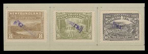 THE AFAB COLLECTION - NEWFOUNDLAND 1897-1947 ISSUES 87-97,The set of eleven (6c is Type II) affixed on ledger pieces, each stamp with Ultramar handstamp specimen (from Portuguese Colony in India, Goa). As UPU samples distributed to UPU members and handstamped locally to demonetize them; four stamps with surface faults, a very rare (if not unique) John Guy specimen set, F-VF