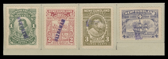 THE AFAB COLLECTION - NEWFOUNDLAND 1897-1947 ISSUES  87-97,The set of eleven (6c is Type II) affixed on ledger pieces, each stamp with Ultramar handstamp specimen (from Portuguese Colony in India, Goa). As UPU samples distributed to UPU members and handstamped locally to demonetize them; four stamps with surface faults, a very rare (if not unique) John Guy specimen set, F-VF