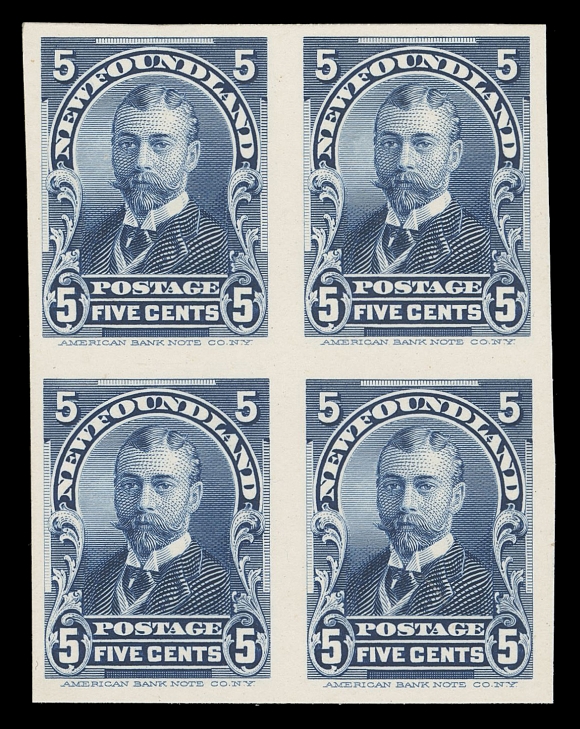 THE AFAB COLLECTION - NEWFOUNDLAND 1897-1947 ISSUES  78P-85P, 84Pi,The original set of six in plate proofs in blocks of four on card mounted india paper; also includes a 4c slate violet shade block; 4c violet with tiny scissor cut between bottom pair, a choice set of proofs seldom seen in blocks, VF