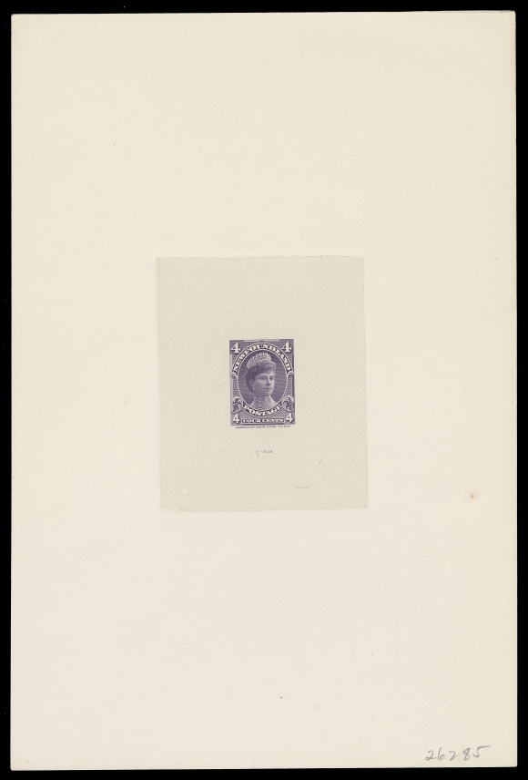 THE AFAB COLLECTION - NEWFOUNDLAND 1897-1947 ISSUES 78-85,The Original set of six Large Die Proofs, printed in the issued colours on india paper and die sunk on full-size cards measuring 150-152 x 227-230mm, each with die number below design. In pristine condition, immensely rare and a perfect cornerstone for an exhibit of this popular issue, VF-XF
The ½c, 4c & 5c have printer