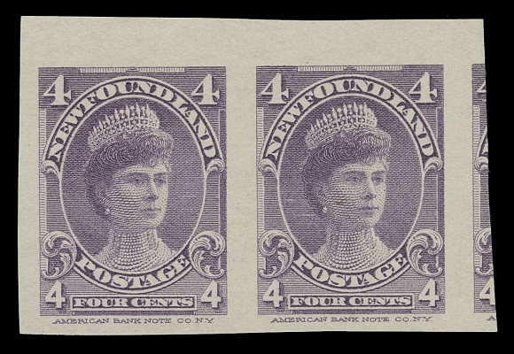 THE AFAB COLLECTION - NEWFOUNDLAND 1897-1947 ISSUES  84a,A remarkably large margined imperforate pair, sheet margin at top and portion of adjacent stamp at right, bright colour, ungummed as often seen, XF