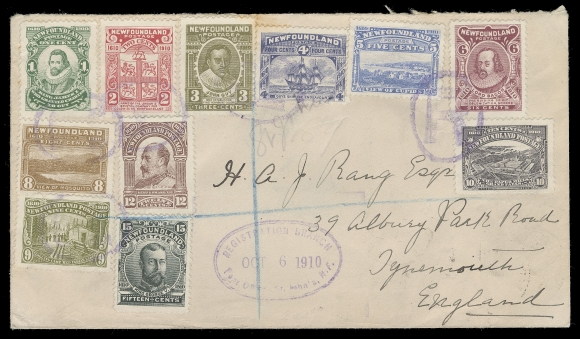 THE AFAB COLLECTION - NEWFOUNDLAND 1897-1947 ISSUES  1910 (October 6) Clean cover bearing the set of eleven (6c is Type II) tied by light oval "R" handstamps in violet, same-ink double oval Registration Branch / Post Office St. John