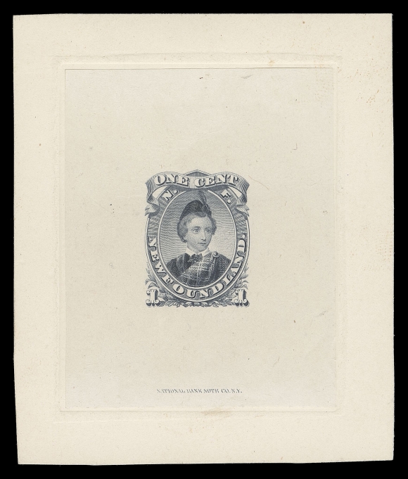 THE AFAB COLLECTION - NEWFOUNDLAND DECIMAL ISSUES  32,National Bank Note Company Large Die Proof in blackish violet grey on india paper 50 x 60mm, die sunk on card measuring 69 x 81mm; "NATIONAL BANK NOTE CO. N.Y." imprint below design, Newfoundland