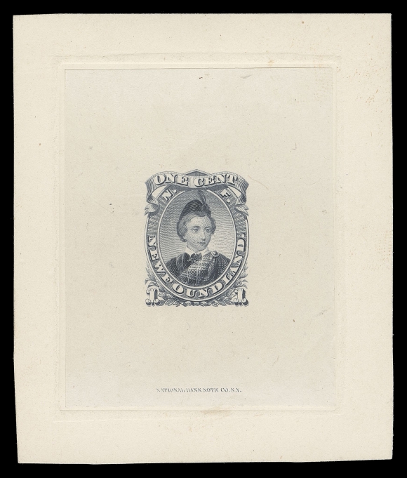 THE AFAB COLLECTION - NEWFOUNDLAND DECIMAL ISSUES 32,National Bank Note Company Large Die Proof in blackish violet grey on india paper 50 x 60mm, die sunk on card measuring 69 x 81mm; "NATIONAL BANK NOTE CO. N.Y." imprint below design, Newfoundland