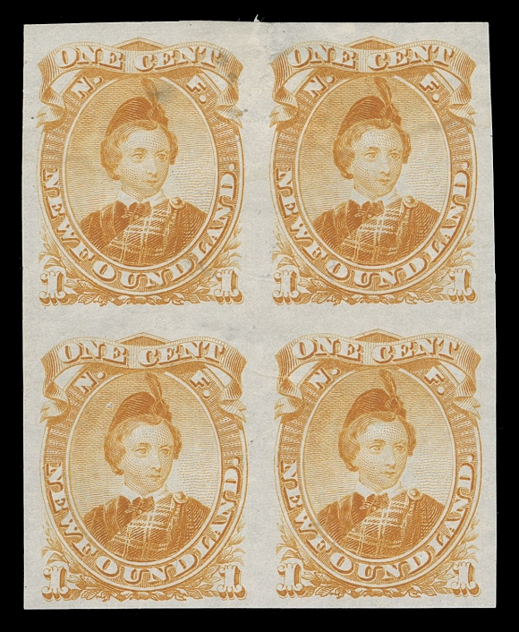 THE AFAB COLLECTION - NEWFOUNDLAND DECIMAL ISSUES 32P, 32TCii, vi, vii, viii, ix,Selection of trial colour plate proof blocks on india paper - in red, yellow orange, blue green and blue and on card mounted india paper in black. Also plate proof blocks in two shades of violet. Blocks on india paper show minor translucent mounting spots on top pairs, a very scarce group, VF. (Unitrade cat. $2,840)