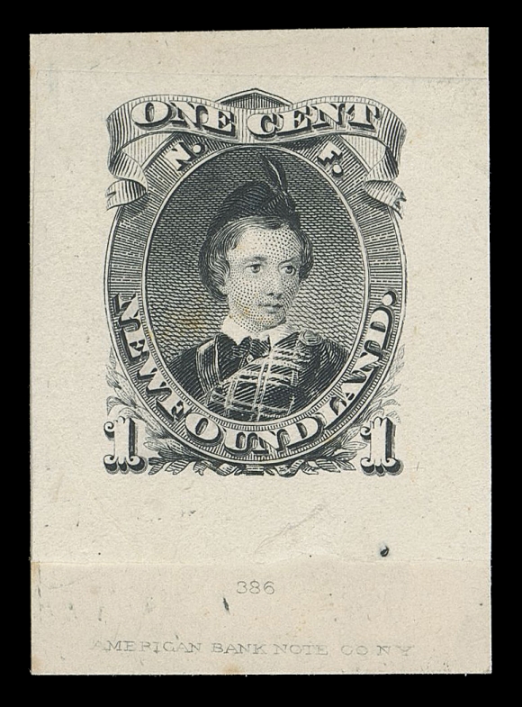 THE AFAB COLLECTION - NEWFOUNDLAND DECIMAL ISSUES  32A,"Goodall" Engraved Die Proof in black in choice condition, on india paper 29 x 30mm die sunk on slightly larger card 29 x 40mm; light impression of die number "386" and ABNC imprint below design, superb, XFProvenance: Robert H. Pratt (private sale), his "RP" monogram is visible under UV