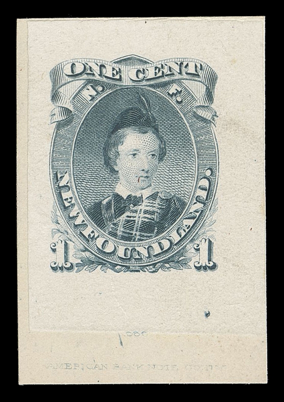 THE AFAB COLLECTION - NEWFOUNDLAND DECIMAL ISSUES 32A,"Goodall" Engraved Die Proof in dull greenish blue on india paper 26 x 35mm, die sunk on slightly larger card 28 x 41mm, shows light impression of die "386" number and ABNC imprint below design; a beautiful and choice proof, XF and rare
Provenance: Robert H. Pratt (private sale), his "RP" monogram is visible under UV.