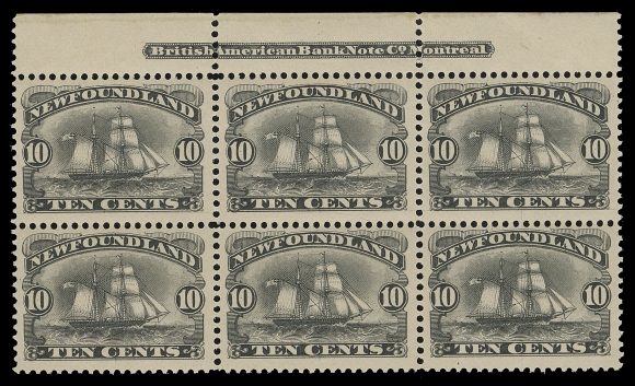 THE AFAB COLLECTION - NEWFOUNDLAND DECIMAL ISSUES  59,A well centered mint plate block of six, full British American Bank Note Co. Montreal plate imprint in top margin, fresh and choice, hinged in selvedge only leaving all six stamps VF NH, a scarce plate block (Cat. as six singles)