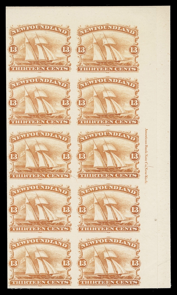 THE AFAB COLLECTION - NEWFOUNDLAND DECIMAL ISSUES 30P,An upper right corner margin plate proof block of ten in issued colour on card mounted india paper, ABNC imprint at right, VF
