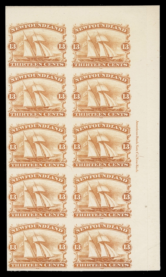 THE AFAB COLLECTION - NEWFOUNDLAND DECIMAL ISSUES  30P,An upper right corner margin plate proof block of ten in issued colour on card mounted india paper, ABNC imprint at right, VF