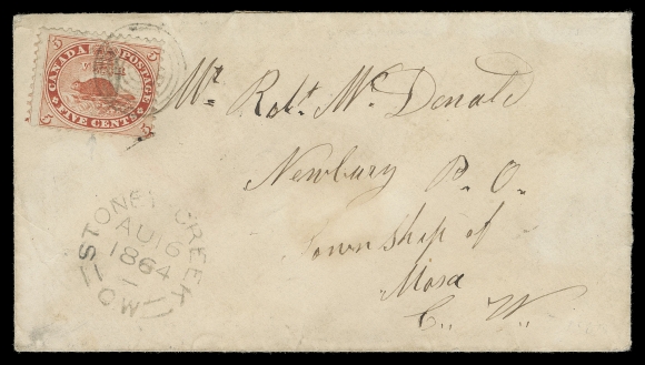 THE AFAB COLLECTION - CANADA  1864 (August 16) Cover mailed from Stoney Creek, C.W. to Newbury bearing a 5c bright vermilion, perf 11¾x12 showing the "Split Beaver" plate variety (Pos. 90; State 4) tied by light concentric rings, clear double arc dispatch below, slight soiling to cover only; Hamilton transit backstamp. A very scarce usage of this short-lived and well-documented variety, F-VF (Unitrade 15viii)