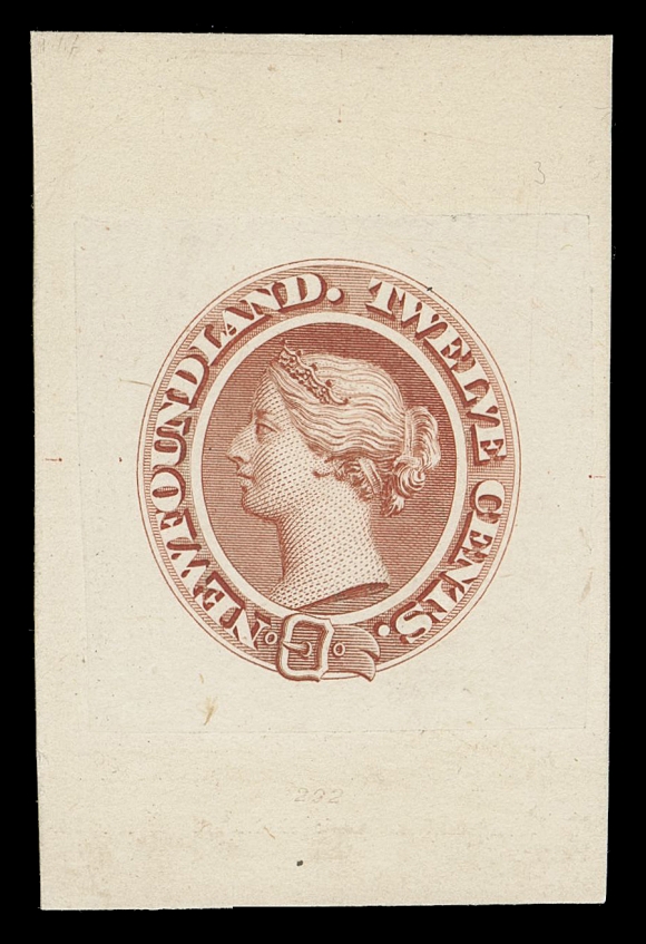 THE AFAB COLLECTION - NEWFOUNDLAND DECIMAL ISSUES  28,"Goodall" Engraved Die Proof printed in brownish red on india paper 30 x 30mm, die sunk on larger card 35 x 52mm, shows albino die number "292" at bottom centre. Superb in all respects and most attractive, XF