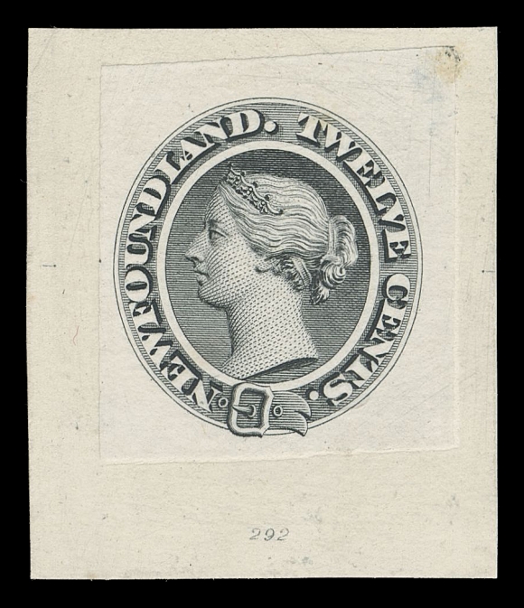THE AFAB COLLECTION - NEWFOUNDLAND DECIMAL ISSUES 28,"Goodall" Engraved Die Proof in black on india paper 26 x 29mm, sunk on card 35 x 40mm; showing light impression of die number "292" at bottom centre. A rare and striking coloured die proof, VF+
Provenance: Robert H. Pratt (private sale), "RP" monogram visible under UV.