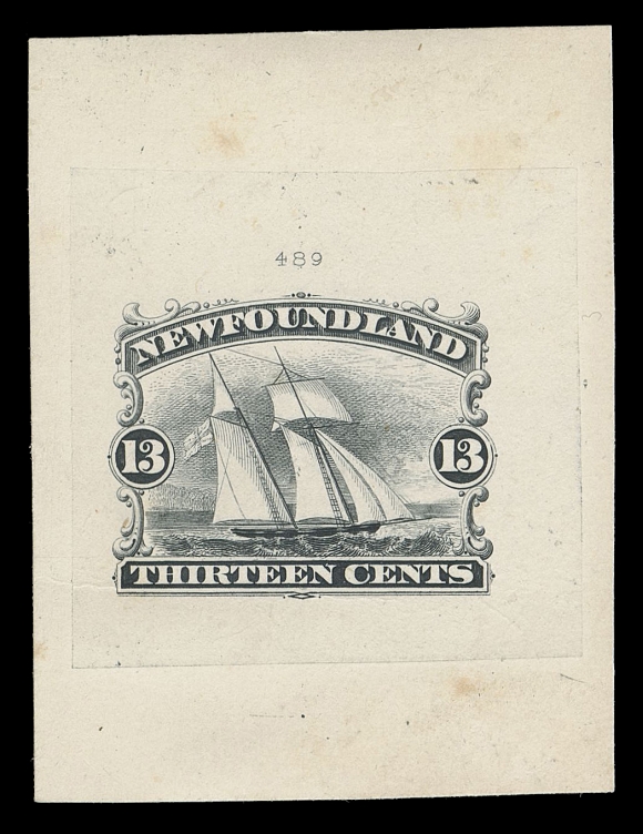 THE AFAB COLLECTION - NEWFOUNDLAND DECIMAL ISSUES  30,"Goodall" Engraved Die Proof in black on india paper 35 x 34mm, sunk on larger card 41 x 53mm, die number "489" visible above design. A desirable proof, rare, VF; ex. "Zurich" Collection (Second Portion, October 1991; Lot 50)