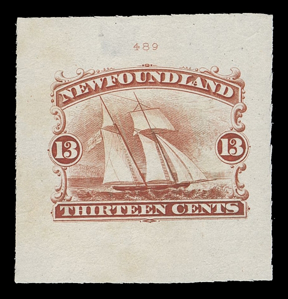 THE AFAB COLLECTION - NEWFOUNDLAND DECIMAL ISSUES  30,"Goodall" Engraved Die Proof in brownish red on india paper 34 x 35mm, slight india thin at top, showing die number "489" above; a rare proof, VF; ex. Earle Palmer (August 1980; Lot 67)