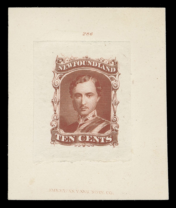 THE AFAB COLLECTION - NEWFOUNDLAND DECIMAL ISSUES  27,"Goodall" Die Proof, engraved, printed in brownish red on india paper 28 x 35mm sunk on card 46 x 56mm; light impression of ABNC imprint at foot and die number "286" above design. Outstanding in all respects, XF
