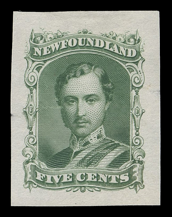 THE AFAB COLLECTION - NEWFOUNDLAND DECIMAL ISSUES  27,Small Die Essay, engraved, printed in green with unadopted denomination "FIVE CENTS" in lower panel india paper 24 x 31mm. Visually striking, rarely seen in any colour, VF (Minuse & Pratt 25E-Bb)