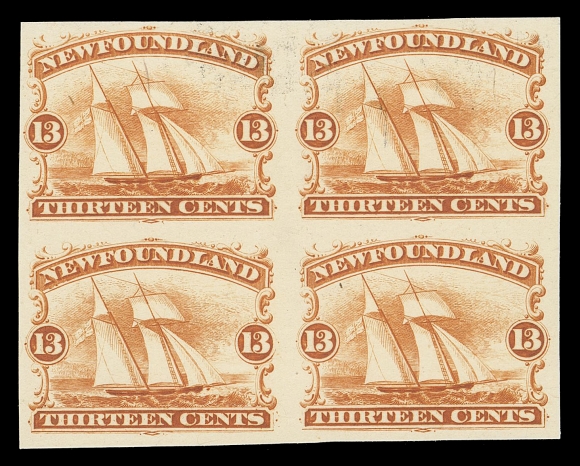 THE AFAB COLLECTION - NEWFOUNDLAND DECIMAL ISSUES  30P + variety,Plate proof block of four in orange, colour of issue, on card mounted india paper, showing the Major Re-entry (Pos. 18) on lower left proof with doubling below first "N" in "NEWFOUNDLAND" and to the right of left "13" value ornament, VF
