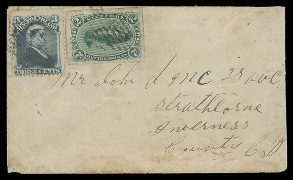 THE AFAB COLLECTION - NEWFOUNDLAND DECIMAL ISSUES  1882 (November 2) Small envelope to Strathborne, Inverness County, Cape Breton (Canada), bearing a most unusual combination of a 2c green rouletted and a 3c pale blue (oxidized) tied by light mute grid cancels, envelope with light soiling and somewhat reduced at right, partial dispatch on reverse with St. John