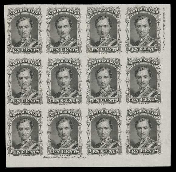 THE AFAB COLLECTION - NEWFOUNDLAND DECIMAL ISSUES  27,Lower right margin plate proof block of twelve (4x3) in the issued colour on india paper; showing two full ABNC imprints, Re-entry (Position 80; Trimble Re-entry No. 2) visible on top right proof with doubling of lower right corner scroll ornament, VF (Unitrade 27P + variety; cat. as normal proofs)