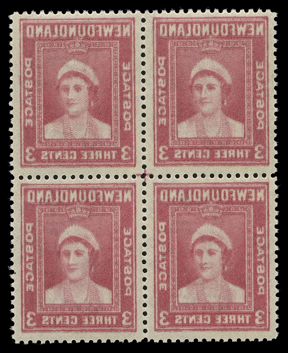 THE AFAB COLLECTION - NEWFOUNDLAND 1897-1947 ISSUES  255iv,A choice, well centered mint block with centre of sheet positional cross guideline and showing a strong, full reverse image offset on gum side variety, VF NH