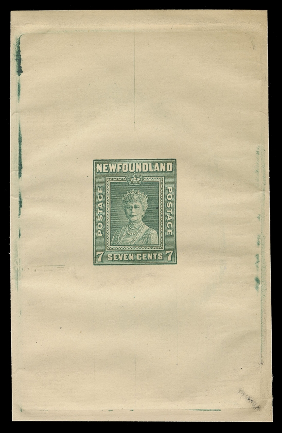 THE AFAB COLLECTION - NEWFOUNDLAND 1897-1947 ISSUES  248,Progressive Die Proof showing the surrounding frame of the vignette unfinished, printed in bright green on thick laid paper with double-line "WHITE EAGLE" complete watermark lettering (reading up at right) measuring 65 x 102mm, full die sinkage. A visually striking coloured, unfinished die proof, very rare, VF