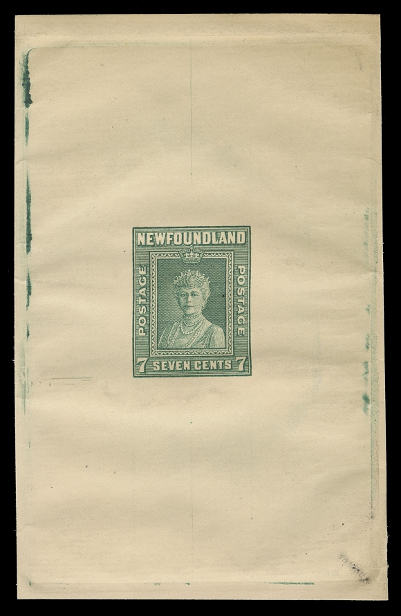 THE AFAB COLLECTION - NEWFOUNDLAND 1897-1947 ISSUES 248,Progressive Die Proof showing the surrounding frame of the vignette unfinished, printed in bright green on thick laid paper with double-line "WHITE EAGLE" complete watermark lettering (reading up at right) measuring 65 x 102mm, full die sinkage. A visually striking coloured, unfinished die proof, very rare, VF