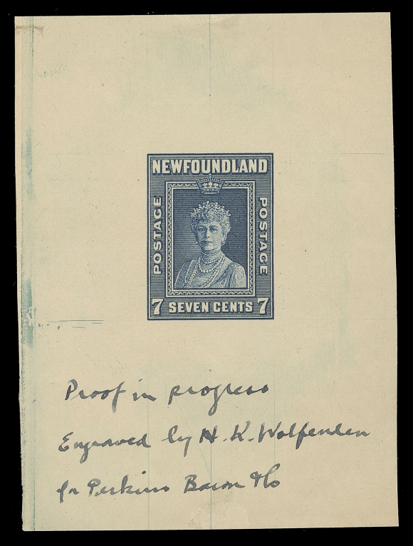 THE AFAB COLLECTION - NEWFOUNDLAND 1897-1947 ISSUES  248,Large Die Proof in dark ultramarine, colour of issue, on white wove unwatermarked paper 62 x 82mm; the approval state of the die, annotation reads "Proof in progress Engraved by N.K. Wolfenden for Perkins Bacon & Co.", VF