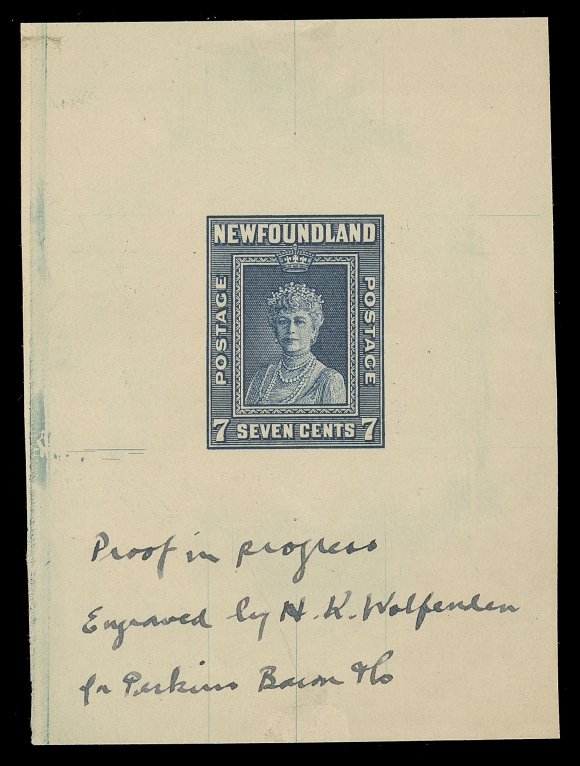 THE AFAB COLLECTION - NEWFOUNDLAND 1897-1947 ISSUES  248,Large Die Proof in dark ultramarine, colour of issue, on white wove unwatermarked paper 62 x 82mm; the approval state of the die, annotation reads "Proof in progress Engraved by N.K. Wolfenden for Perkins Bacon & Co.", VF
