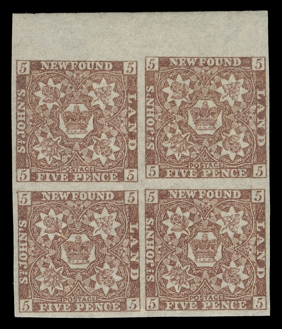 THE AFAB COLLECTION - NEWFOUNDLAND PENCE ISSUES  12Aii,A fresh mint block with margin at top, beautiful colour; a scarce printing of the Five pence Heraldic, VF NH; 2010 Greene Foundation cert.
