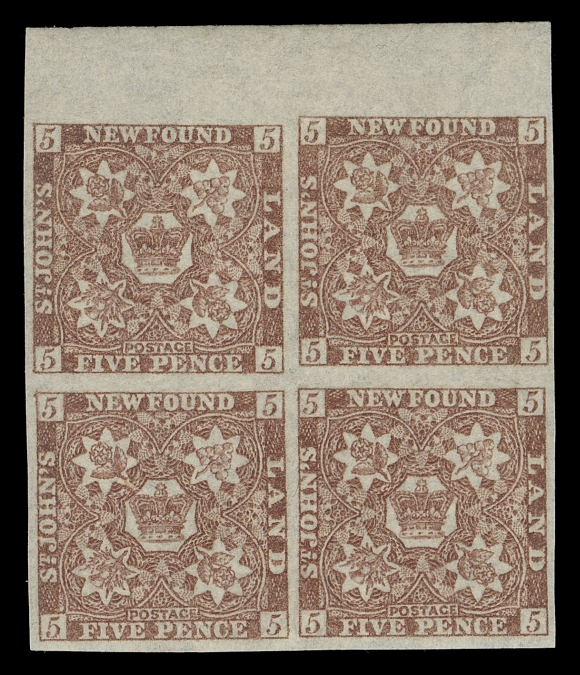 THE AFAB COLLECTION - NEWFOUNDLAND PENCE ISSUES 12Aii,A fresh mint block with margin at top, beautiful colour; a scarce printing of the Five pence Heraldic, VF NH; 2010 Greene Foundation cert.