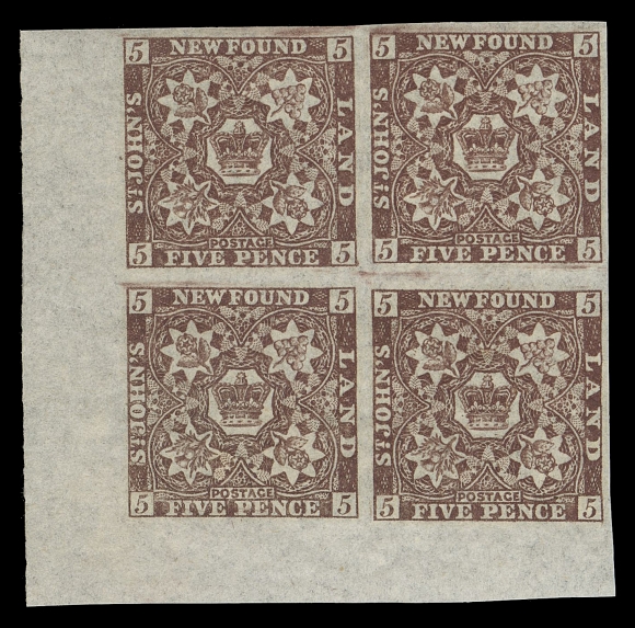 THE AFAB COLLECTION - NEWFOUNDLAND PENCE ISSUES  19b + variety,A fresh mint corner block of four in the distinctive dark rich shade, shows Re-entry (Position 34) on lower right stamp with marks in top left floral and near "Crown", hinged on bottom left stamp leaving others including the variety NH, VF (Cat. as normal stamps)This plate variety is known on all printings of the Five pence Heraldic 1857 to 1862; however it is currently only listed on the 1857 first printing (Unitrade 5i).