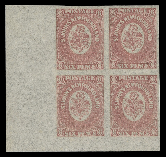 THE AFAB COLLECTION - NEWFOUNDLAND PENCE ISSUES  18ii, 20, 21, 22, 23,Five different blocks of four with lower left corner margin (ex 1sh top margin), the 4p watermarked "CEY W / 1858" reading up over all four stamps, VF-XF NH; 6p with 1994 Greene Foundation cert.