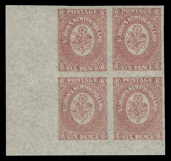 THE AFAB COLLECTION - NEWFOUNDLAND PENCE ISSUES 18ii, 20, 21, 22, 23,Five different blocks of four with lower left corner margin (ex 1sh top margin), the 4p watermarked "CEY W / 1858" reading up over all four stamps, VF-XF NH; 6p with 1994 Greene Foundation cert.