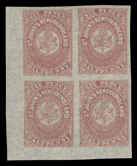 THE AFAB COLLECTION - NEWFOUNDLAND PENCE ISSUES  18ii, 20, 21, 22, 23,Five different blocks of four with lower left corner margin (ex 1sh top margin), the 4p watermarked "CEY W / 1858" reading up over all four stamps, VF-XF NH; 6p with 1994 Greene Foundation cert.