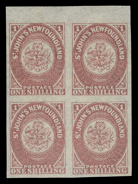 THE AFAB COLLECTION - NEWFOUNDLAND PENCE ISSUES 18ii, 20, 21, 22, 23,Five different blocks of four with lower left corner margin (ex 1sh top margin), the 4p watermarked "CEY W / 1858" reading up over all four stamps, VF-XF NH; 6p with 1994 Greene Foundation cert.