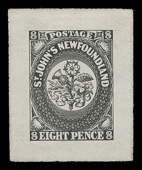 THE AFAB COLLECTION - NEWFOUNDLAND PENCE ISSUES  8,A very rare Engraved Die Proof, printed in black on india paper 29 x 35mm, unusually choice with large even margins; displaying the characteristic traits such as extension of guidelines at the four corners, also extension of the oval design into the "HT P" of "EIGHT PENCE", etc. A beautiful original Perkins Bacon die proof, ideal for a serious collection, XFProvenance: Sir Gawaine Baillie, Sale VII - British North America, Sotheby