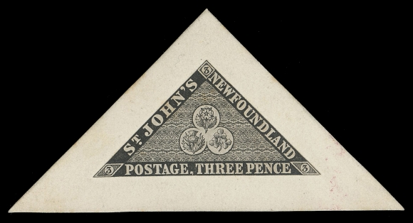 THE AFAB COLLECTION - NEWFOUNDLAND PENCE ISSUES  3,Engraved Die Essay printed in black, stamp size (just along frame) on india paper, affixed to card. Displays the corrected lower left "3" (which is slanting in Die I) and other differences not present in the final die of the issued stamp including the lack of the outer delineation line surrounding the central vignette trefoil. A very rare initial die, not more than three exist according to R. Pratt, VF (Minuse & Pratt 3E-A)Provenance: Robert H. Pratt Newfoundland Pence Issues, Harmers of London, October 1986; Lot 8We would like to point out that no actual die proof of the final die is known in private hands.