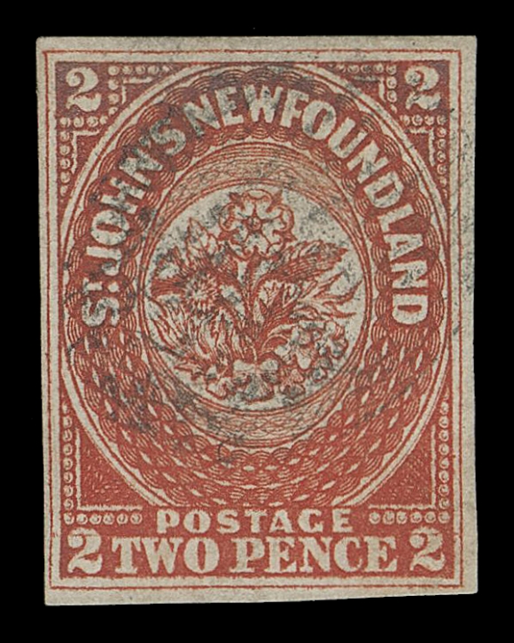 THE AFAB COLLECTION - NEWFOUNDLAND PENCE ISSUES  2i,A rare example of this sought-after classic stamp, ample margins and showing quite clearly the line through lower "2s" plate variety, trace of oxidation at top, ideal light grid cancellation; a challenging stamp, F-VF; 2012 Greene Foundation cert.