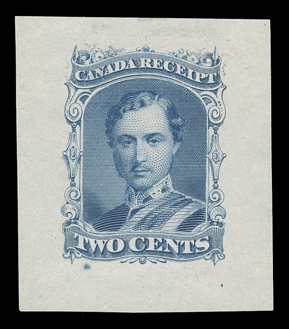 THE AFAB COLLECTION - NEWFOUNDLAND DECIMAL ISSUES  27,Large Die Essay, engraved, printed in dull blue on india paper 30 x 35mm, with unadopted "CANADA RECEIPT" in top and "TWO CENTS" in lower panels; minute spot below "TW". A rare and striking die essay in excellent shape, much nicer than most (in any colour) that exist, VF