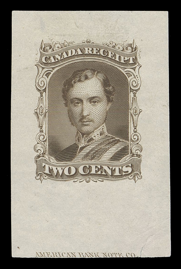 THE AFAB COLLECTION - NEWFOUNDLAND DECIMAL ISSUES 27,Die Essay, engraved, printed in dark yellow brown on india paper 29 x 45mm with unadopted "CANADA RECEIPT" in top and "TWO CENTS" in lower panels, ABNC imprint captured at foot, minute india thin at top, a visually striking essay in well-above average condition, VF