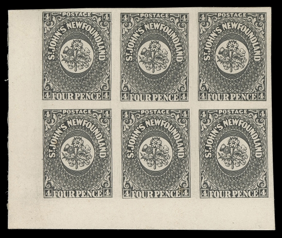 THE AFAB COLLECTION - NEWFOUNDLAND PENCE ISSUES 1-9,A magnificent complete set of original Perkins Bacon plate proofs in blocks of four; engraved and printed in black on thin card. Details of the set are as follows:
1p Top margin (120 printed); ex. Violet Vanderboom (February 1992; Lot 72)
2p Lower left corner margin, minor card thin and printer
