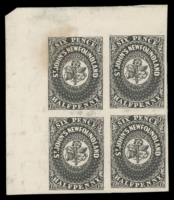 THE AFAB COLLECTION - NEWFOUNDLAND PENCE ISSUES 1-9,A magnificent complete set of original Perkins Bacon plate proofs in blocks of four; engraved and printed in black on thin card. Details of the set are as follows:
1p Top margin (120 printed); ex. Violet Vanderboom (February 1992; Lot 72)
2p Lower left corner margin, minor card thin and printer