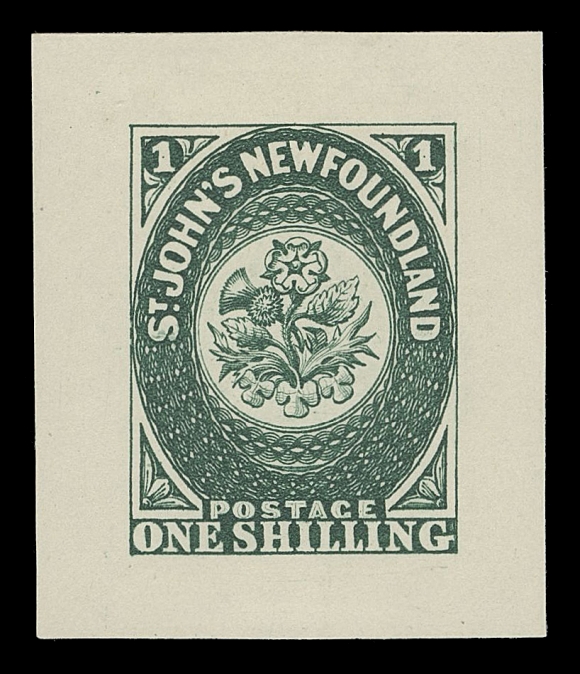 THE AFAB COLLECTION - NEWFOUNDLAND TRADE SAMPLE PROOFS  Plate 1, Paper 6,(1919 - First Printing) Trade Sample Die Proofs printed in green on thick soft white wove paper (0.0075" thick). A very rare set with undefaced denominations and unscarred 4 pence. The complete set of nine including both dies of the 3p. A beautiful set of this  first printing with bright sharp impressions, VF and desirable