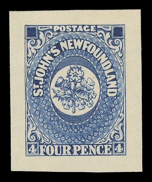 THE AFAB COLLECTION - NEWFOUNDLAND TRADE SAMPLE PROOFS Plate 1A, Paper 10,(1929 - defaced state) Trade Sample Die Proofs printed in blue on the scarcer thick yellowish wove paper (0.006" to 0.007" thick), the complete set of nine including both dies of 3p. A remarkable set in pristine condition, XF