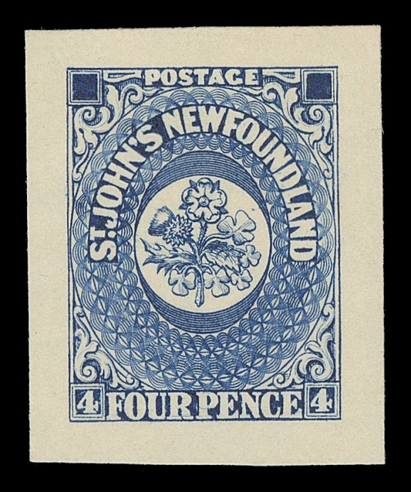 THE AFAB COLLECTION - NEWFOUNDLAND TRADE SAMPLE PROOFS  Plate 1A, Paper 10,(1929 - defaced state) Trade Sample Die Proofs printed in blue on the scarcer thick yellowish wove paper (0.006" to 0.007" thick), the complete set of nine including both dies of 3p. A remarkable set in pristine condition, XF